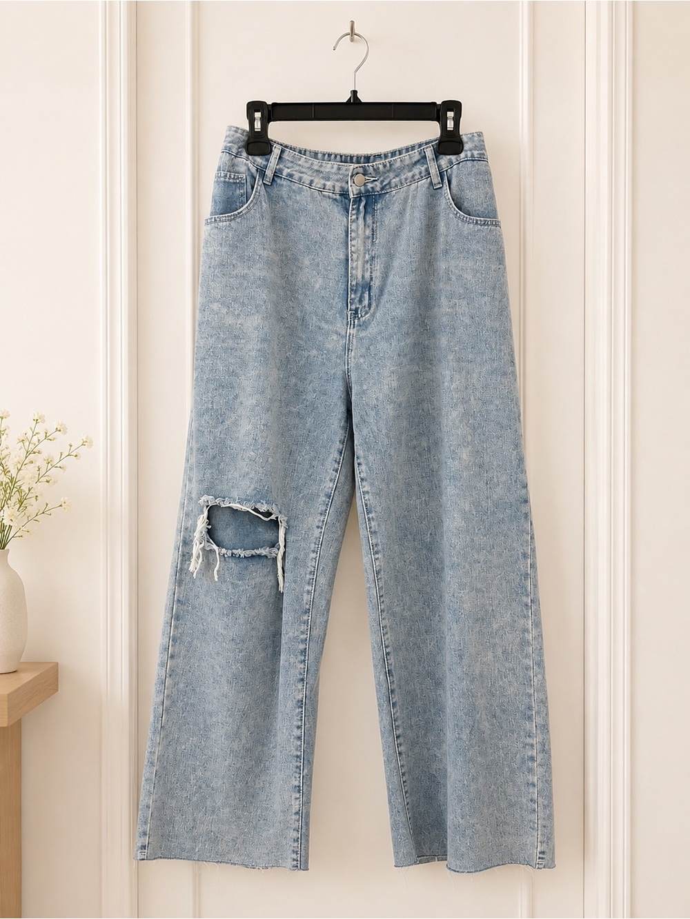High-Rise Light Blue Distressed Wide-Leg Jeans